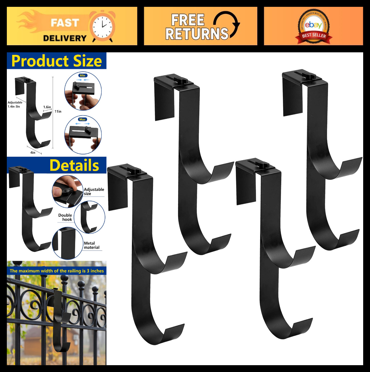 Adjustable Heavy Duty Pool Fence Hooks – 4 Pcs Slip-On Hanger for Pool Equipment
