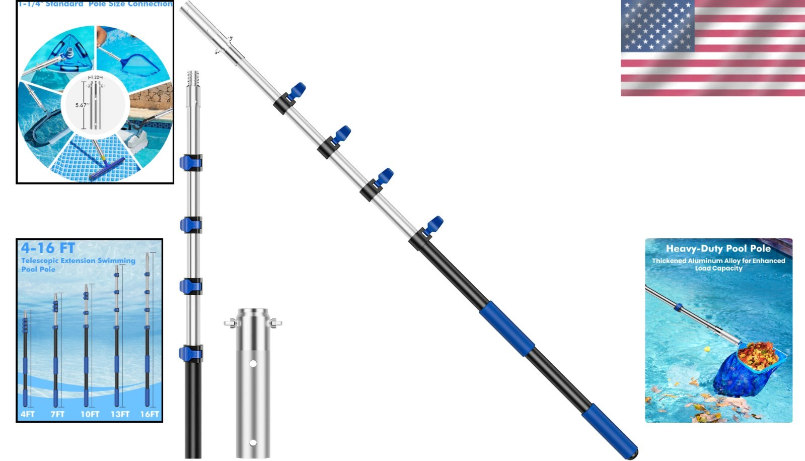 16FT Adjustable Pool Cleaning Pole – Lightweight Aluminum with Anti-Slip Grip