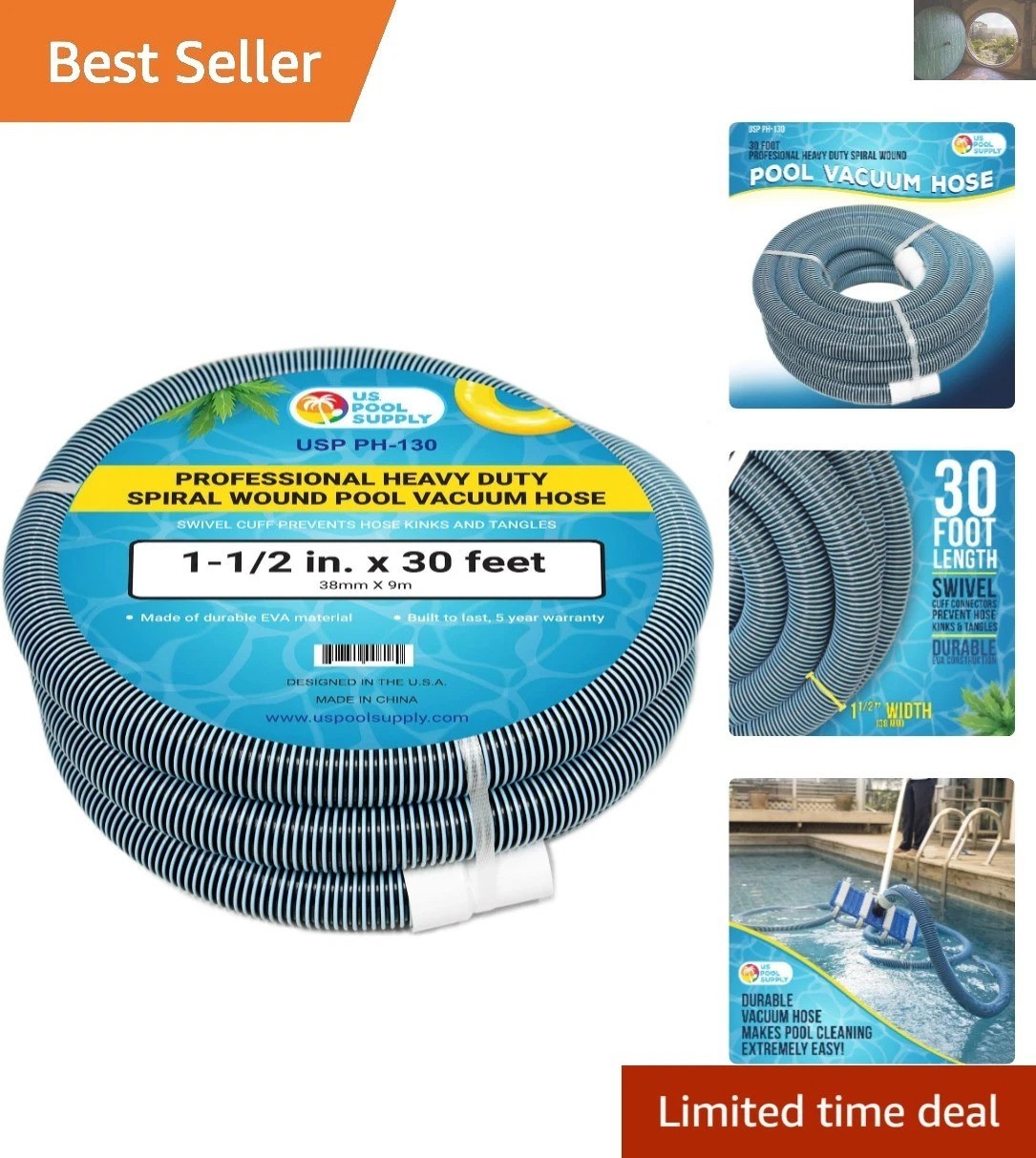 Professional 1-1/2&Prime; x 30&prime; Spiral Wound Pool Vacuum Hose – Crush-Resistant Design