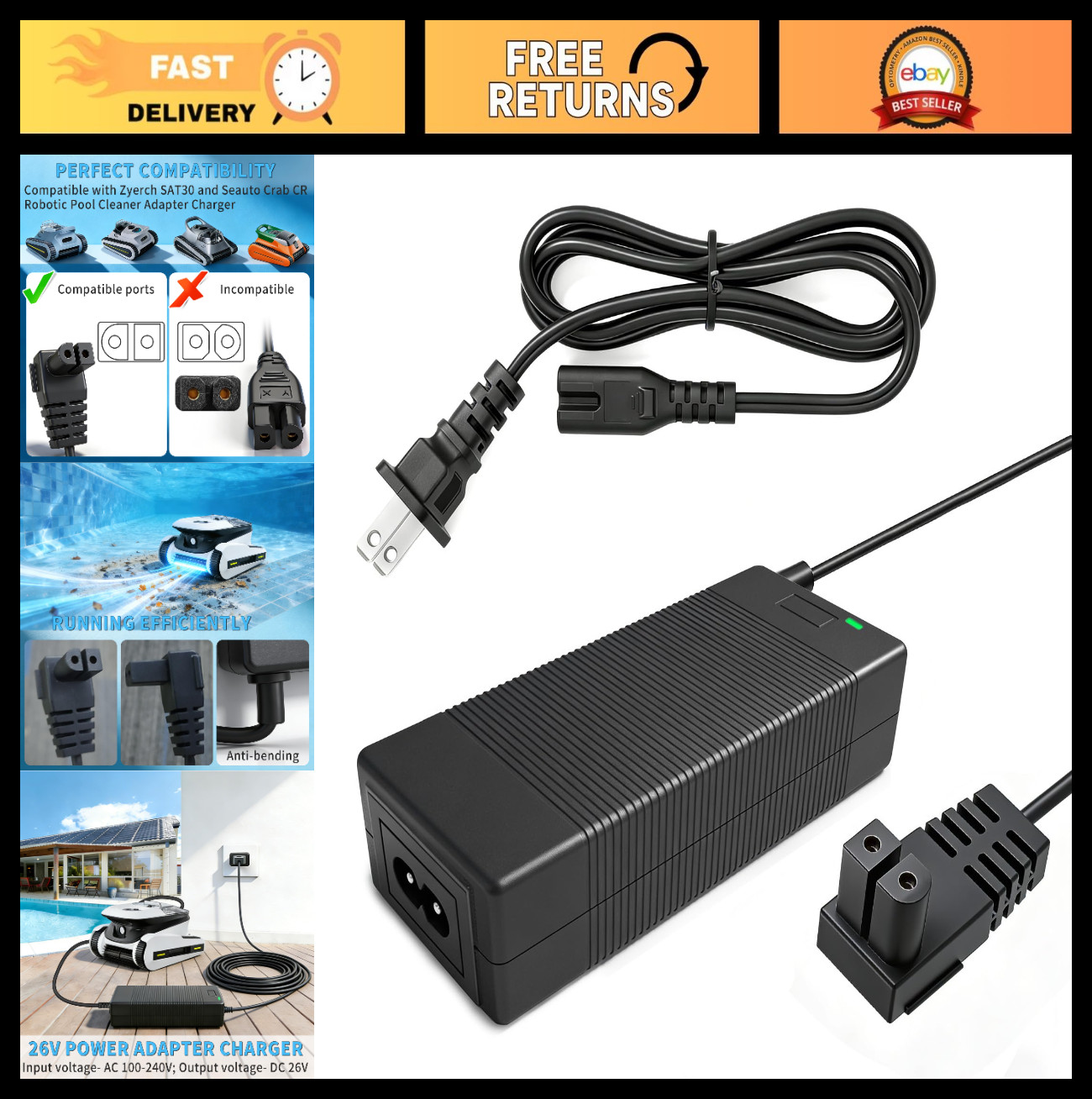 26V Charger for 21.6V Robotic Pool Cleaner – Power Supply Adapter & AC/DC Cord