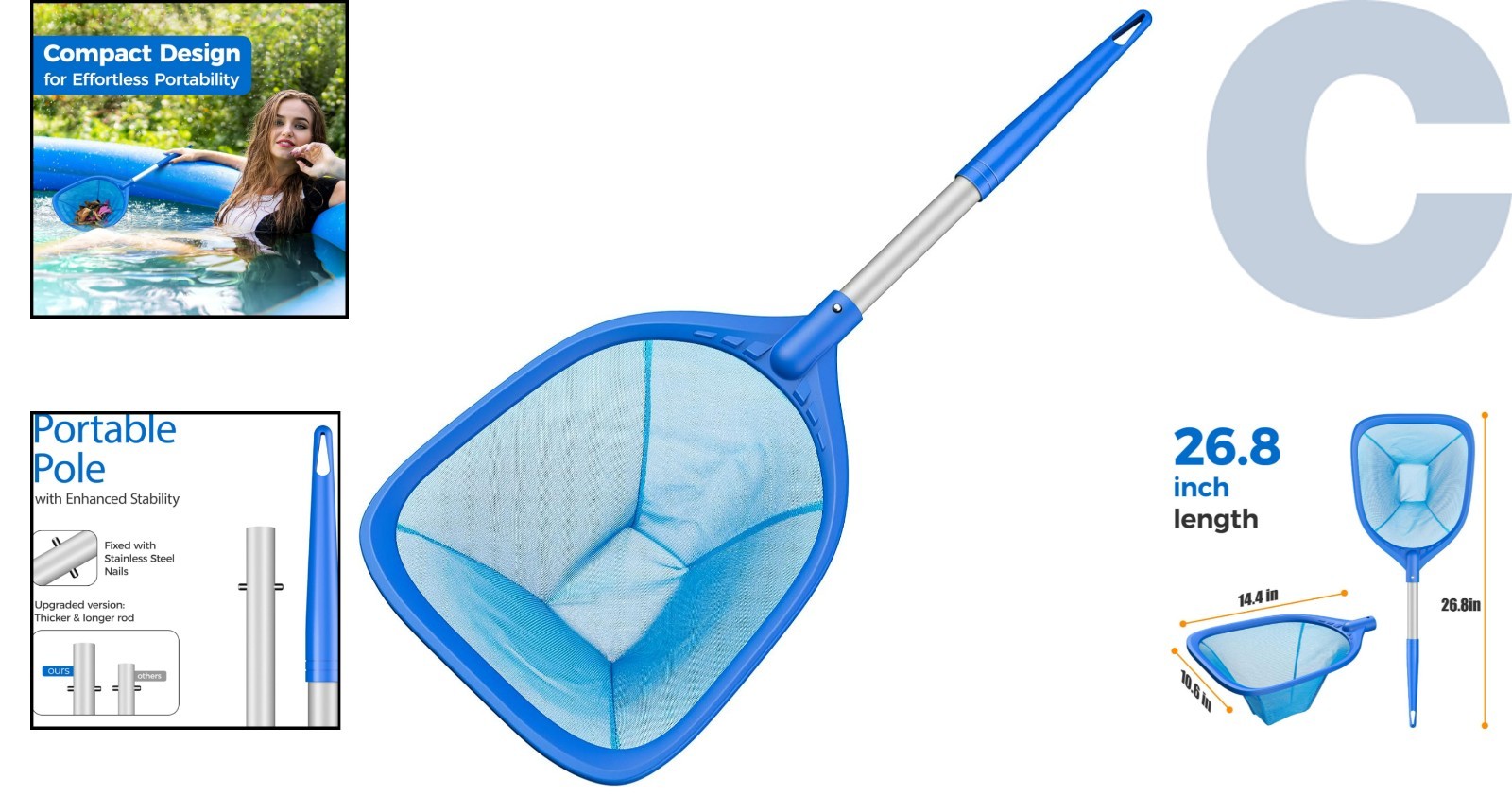Efficient 26.8” Pool Skimmer Net – Plastic and Mesh for Leaf Removal