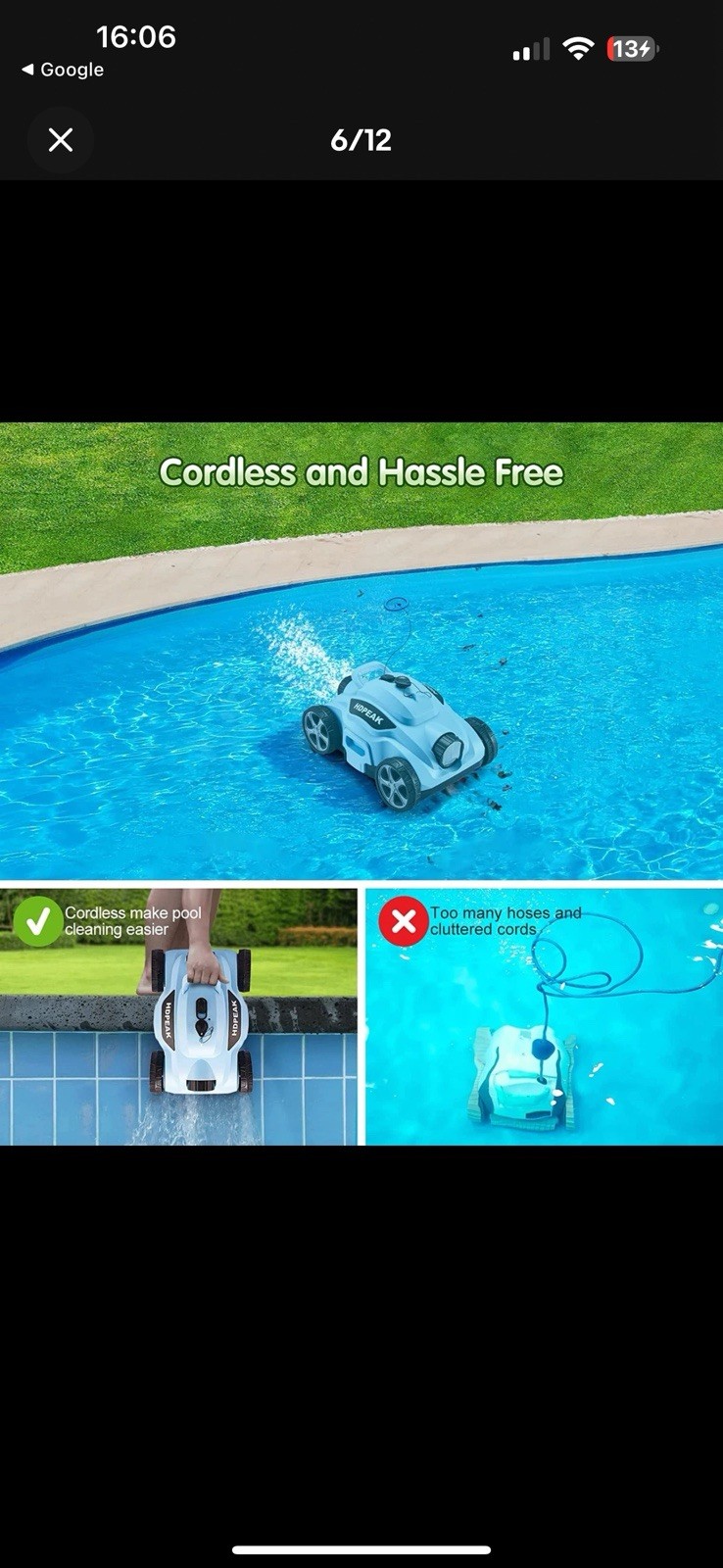 Robotic Pool Cleaner 110 Mins Auto-Parking Rechargeable Automatic 50 Feet Blue