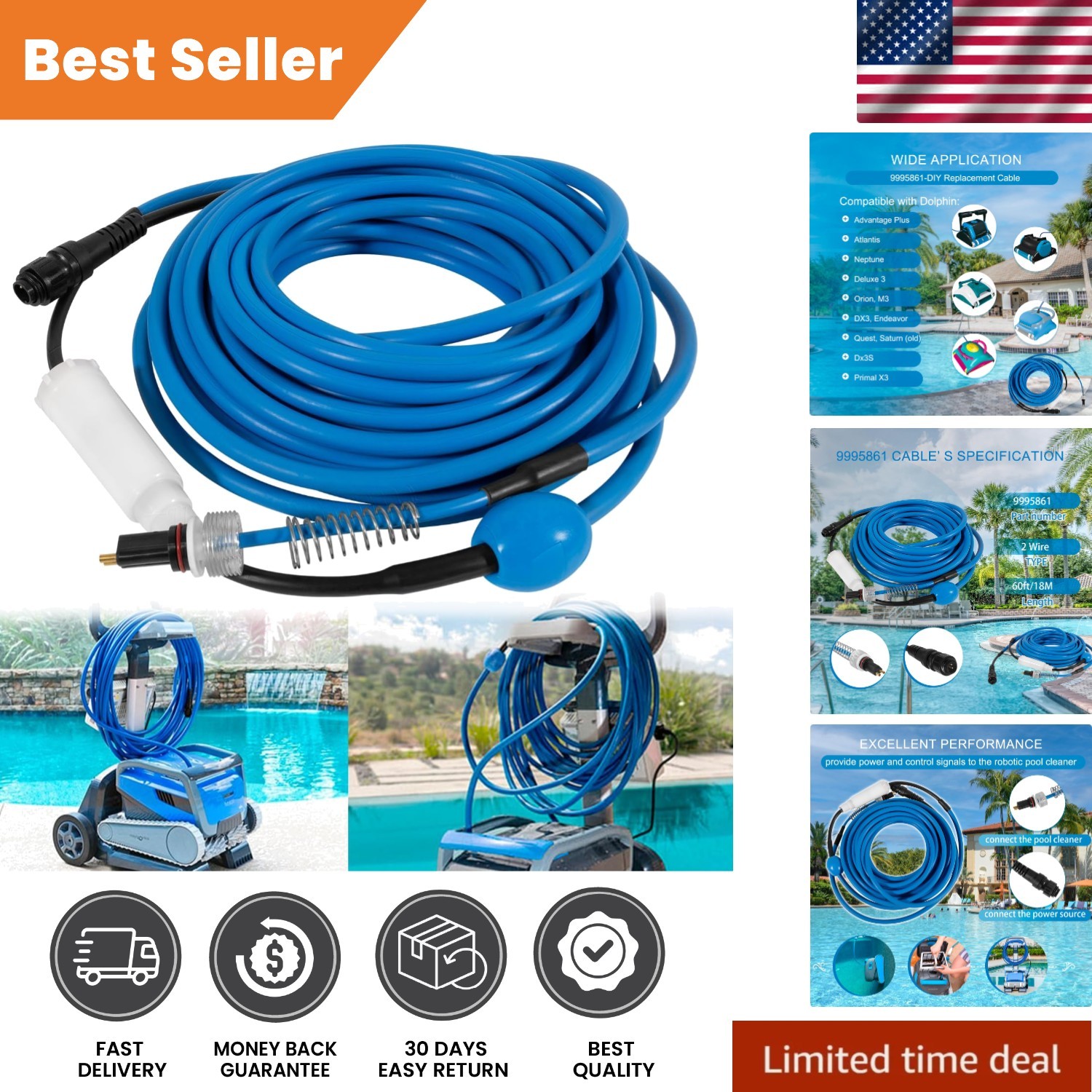 Direct Replacement 60FT Cable for Dolphin Pool Cleaners – Long-lasting Quality