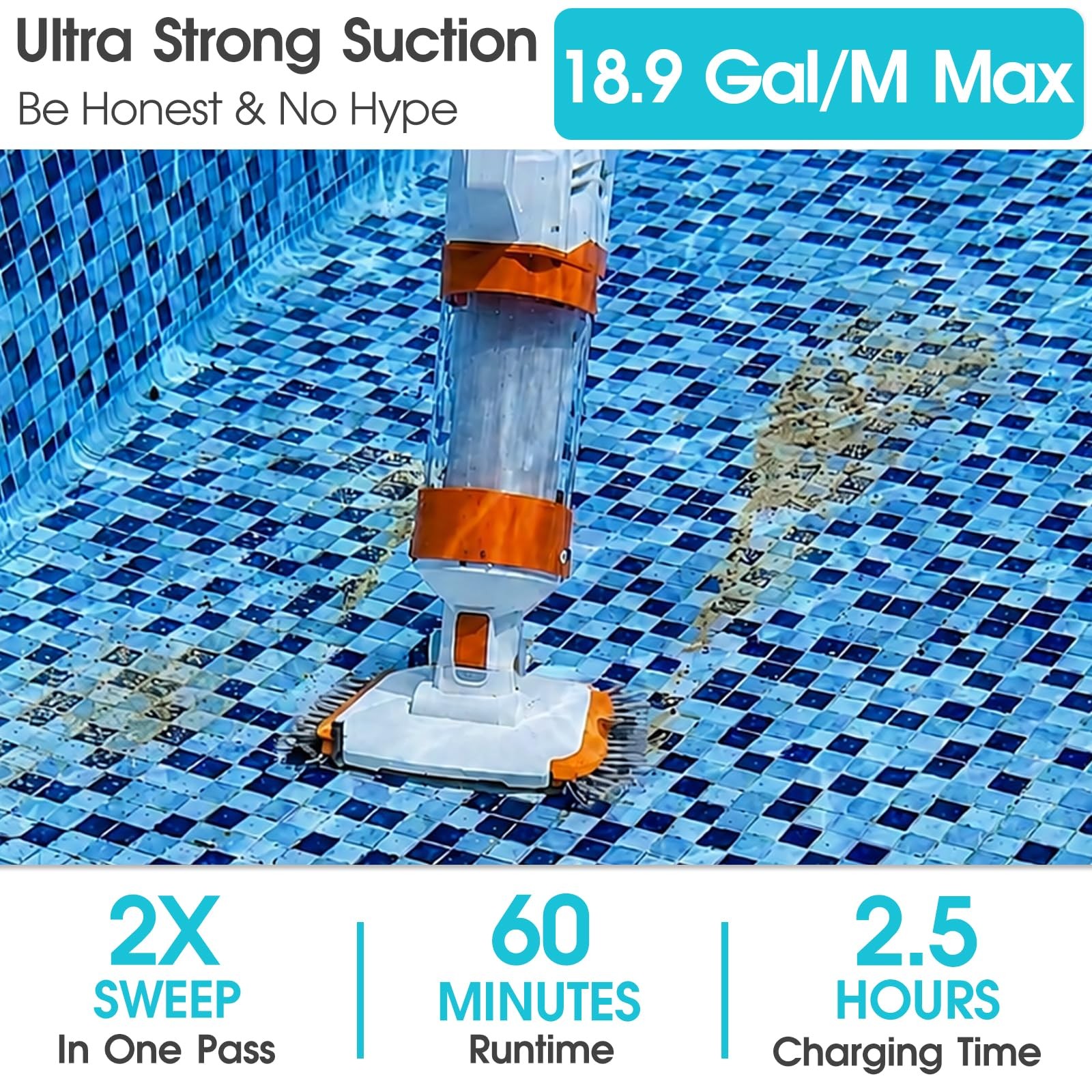 Cordless Pool Vacuum-True Powerful Suction 18.9GPM, 130inch, 1H Runtime, 25µm…