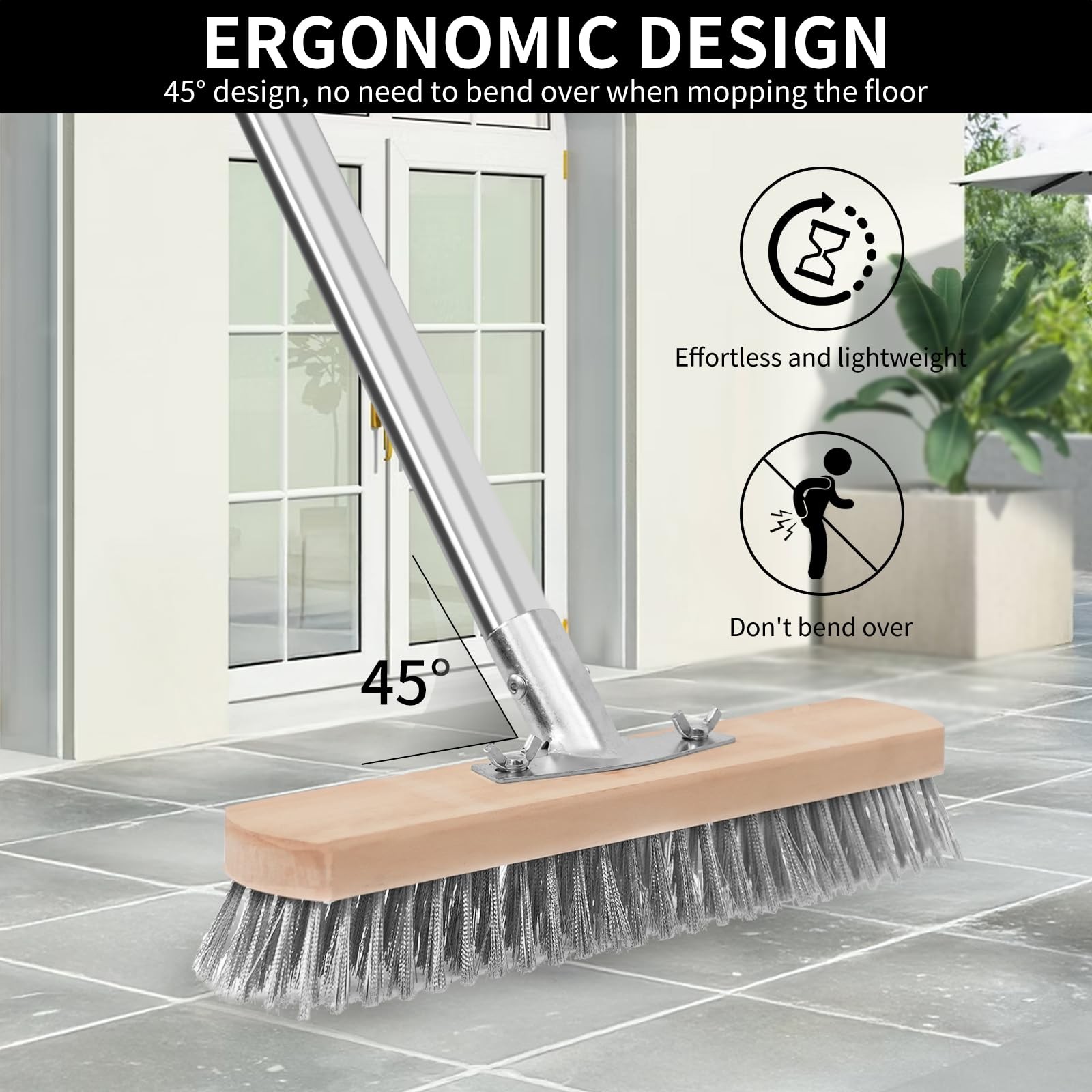 Heavy Duty Stainless Steel Scrub Brush with Long Handle for Concrete & Decks