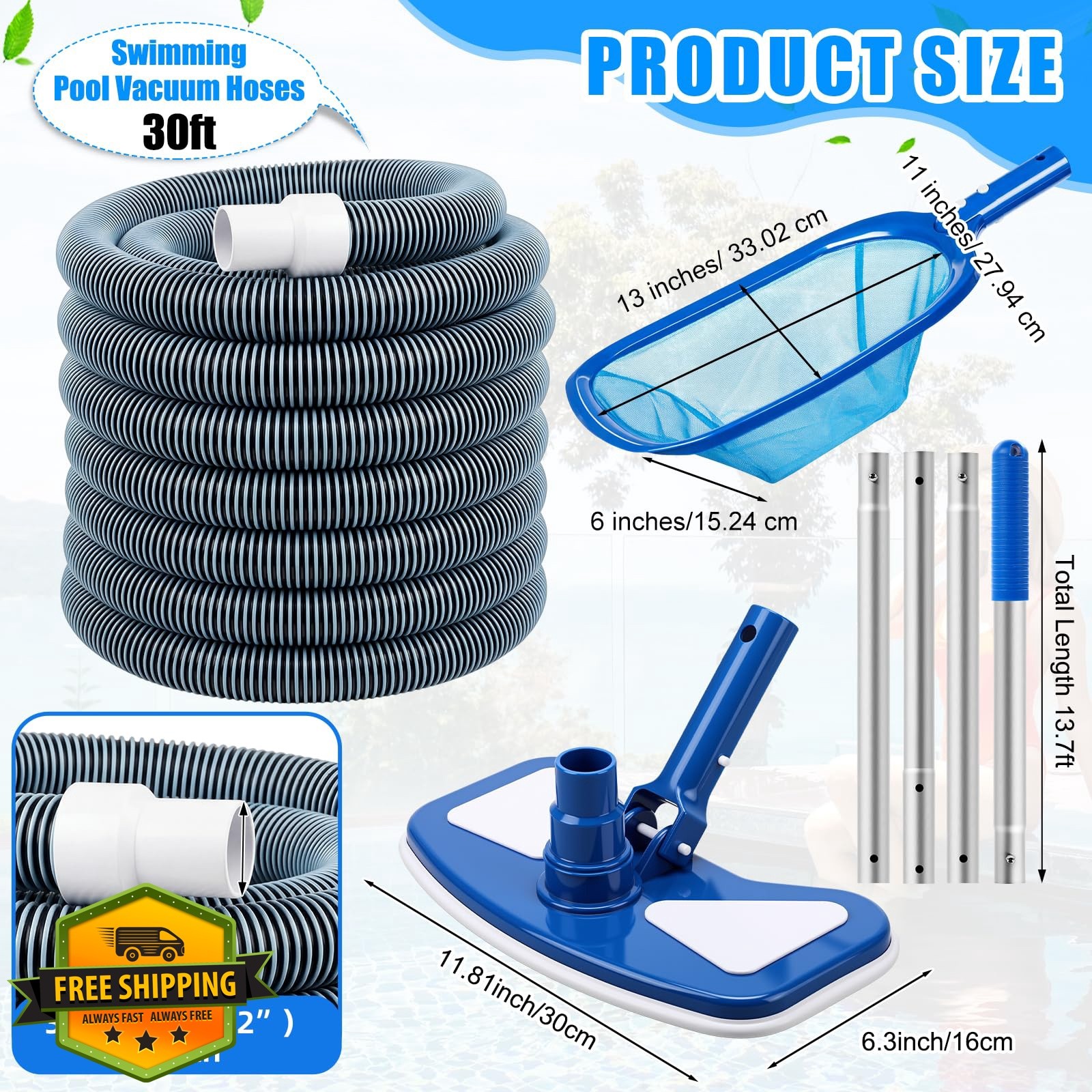 Innconee 11.8&Prime; Pool Vacuum Head Kit Hose Pole Net
