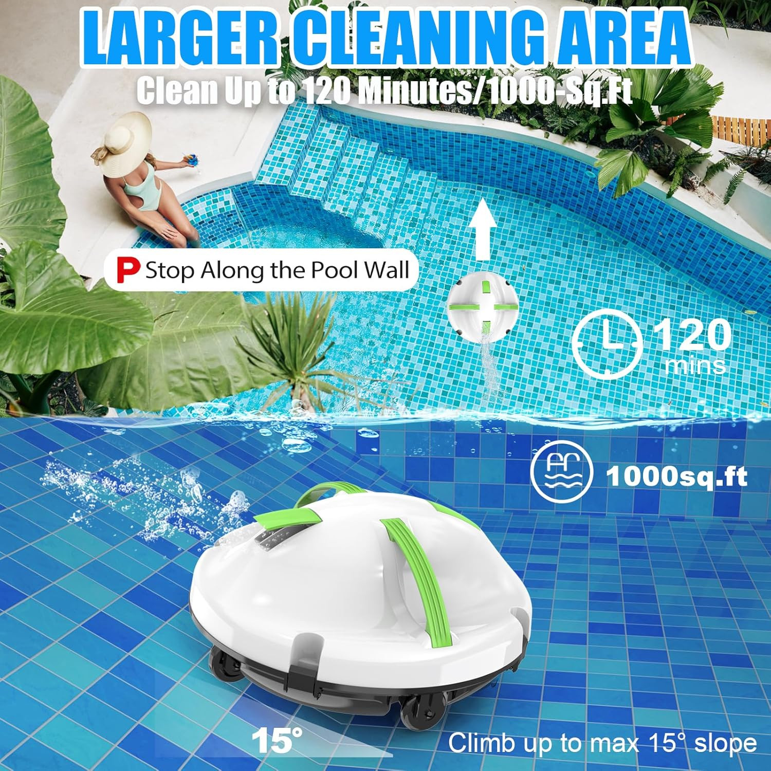 2026 Cordless Robotic Pool Cleaner, Pool Vacuum for above Ground Pool with 120 M