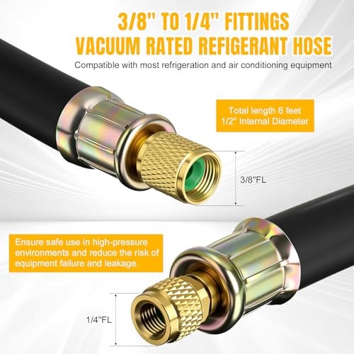 HVAC Refrigerant Charging Vacuum Hose, 6 ft, 800 Psi 3/8&Prime; to 1/4&Prime; Fittings