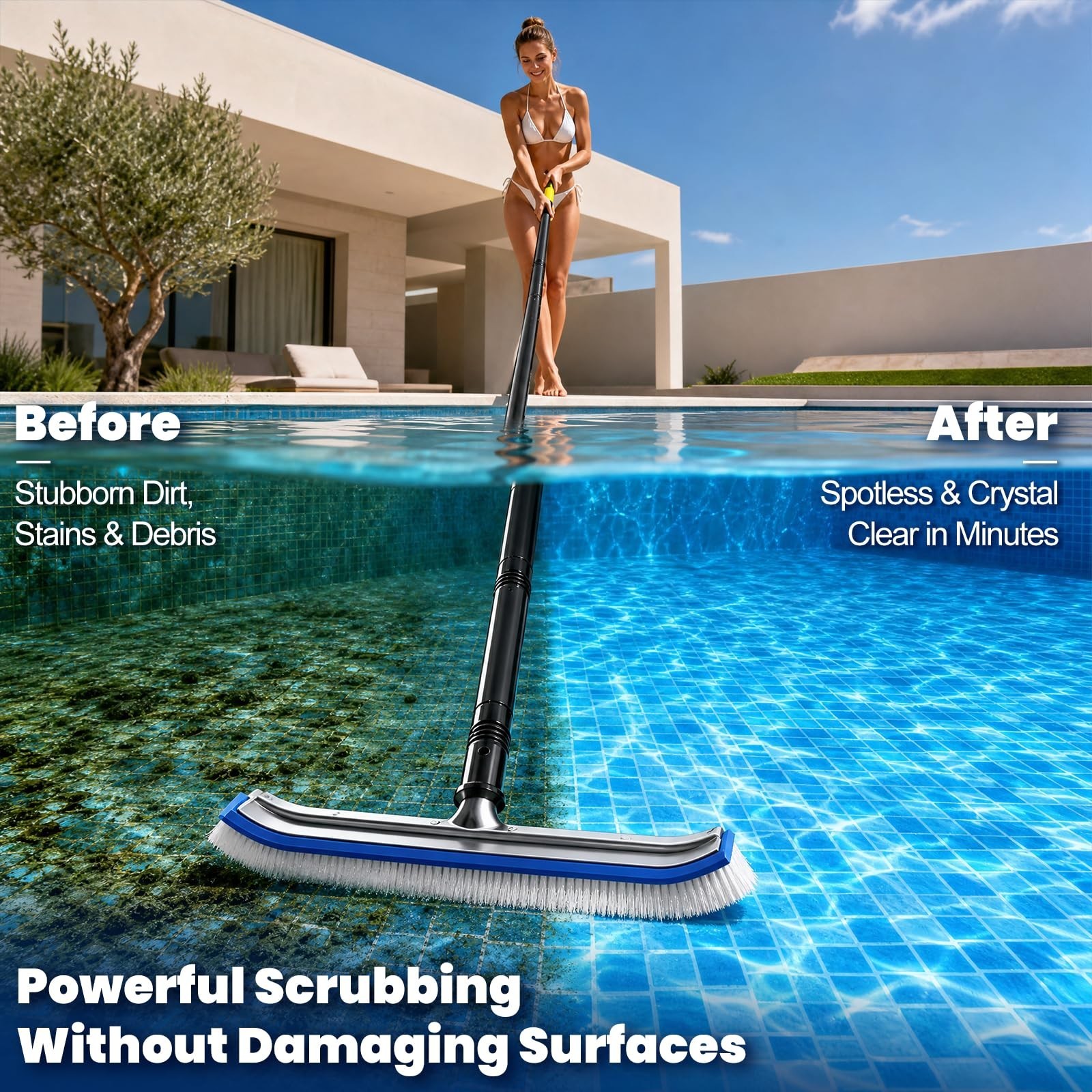 8ft Pool Brush with Pole – 18&Prime; Nylon Bristle Scrubber for Above/Inground Pools