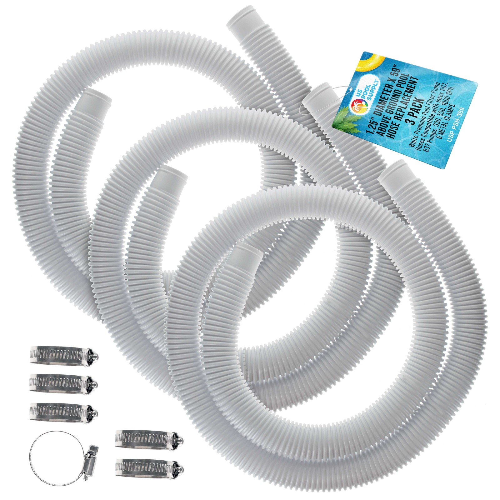 3 Pack of White Above Ground Pool Hose Replacement 1.25&Prime; Diameter x 59&Prime; Long