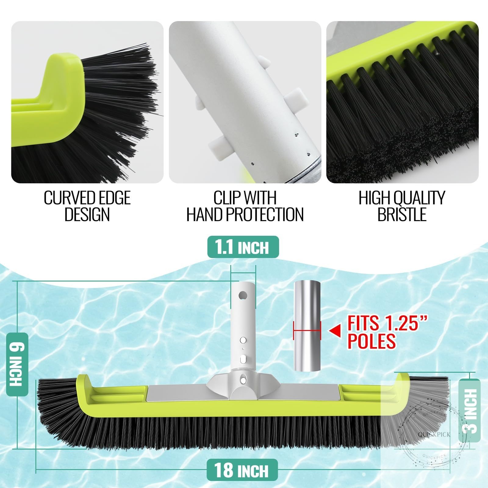 18&Prime; Pool Brush Head for Cleaning Swimming Pool Walls Curved Ends High-Efficiency