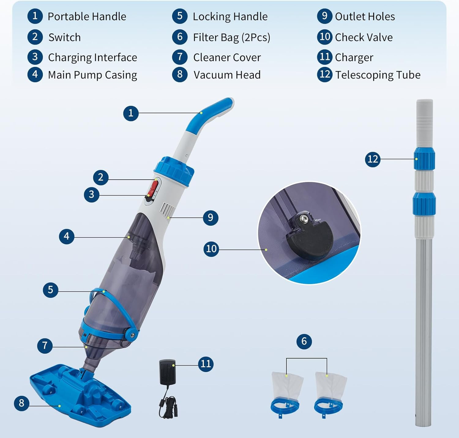 Cordless Handheld Pool Vacuum with Telescopic Pole, Rechargeable Handheld Hot Tu
