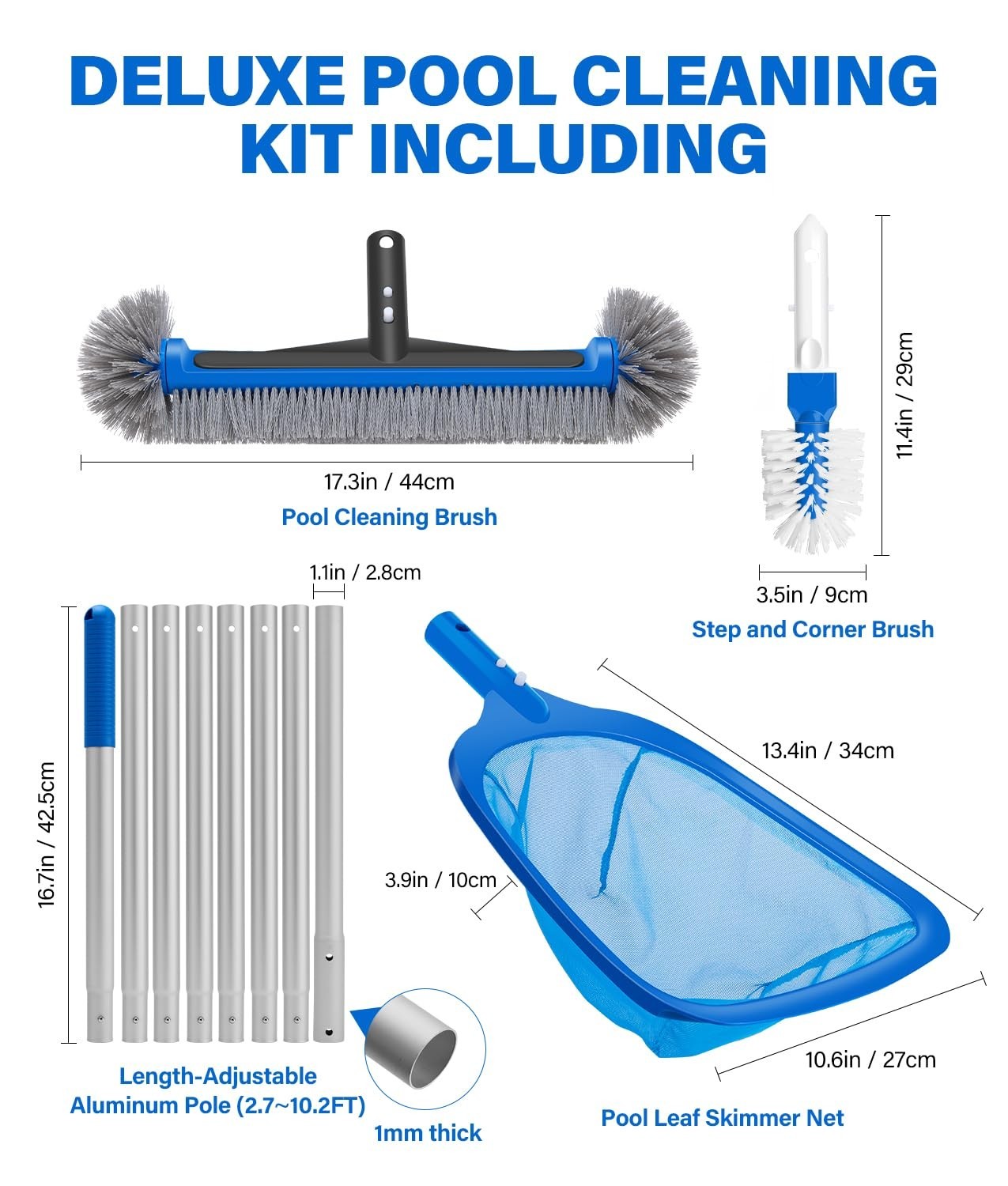 Deluxe 4-in-1 Pool Cleaning Kit with 10ft Adjustable Pole, Skimmer Net & Brush S