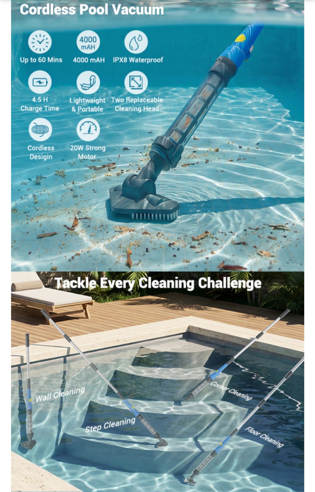 Universal Cordless Handheld Rechargeable Pool Vacuum Cleaner & Telescopic Pole