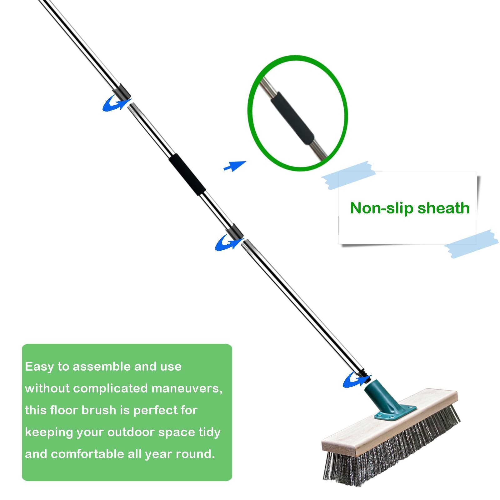 Stainless Steel Wire Brush with Long Handle Deck Broom Brush Floor Scrubber B…