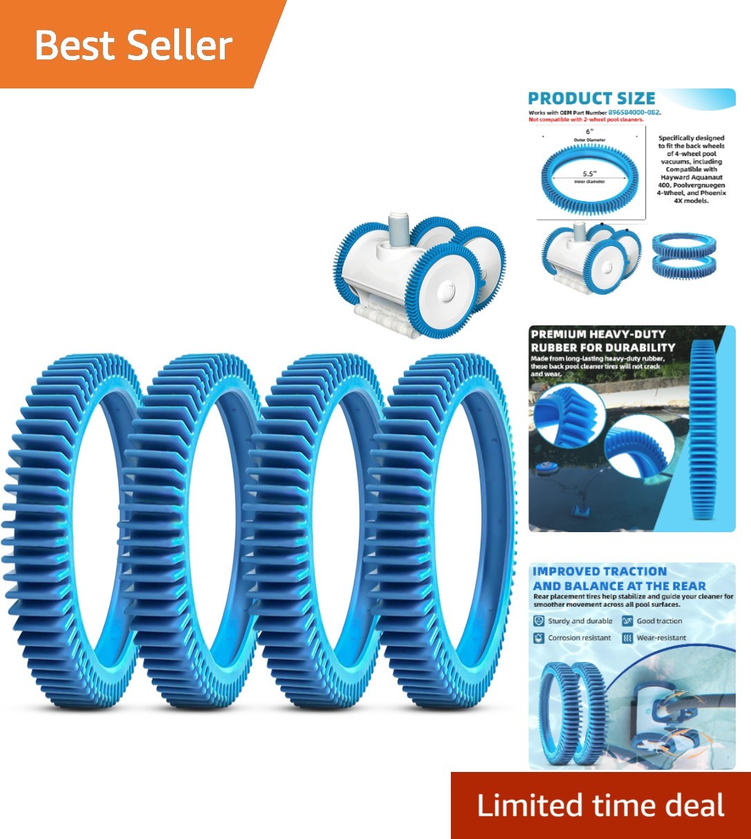 4-Pack Heavy-Duty Replacement Tires for Hayward Pool Cleaners – Quick Install