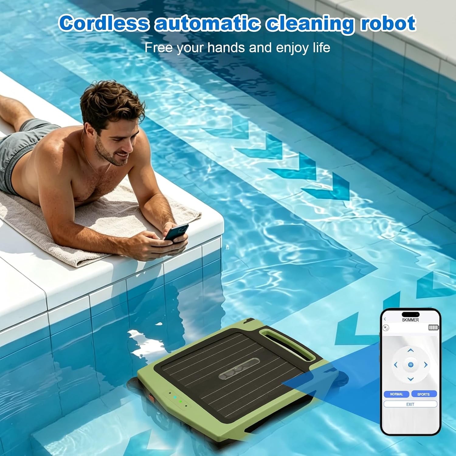 Solar Powered Robot Pool Skimmer with App Control and 24/7 Continuous Cleaning