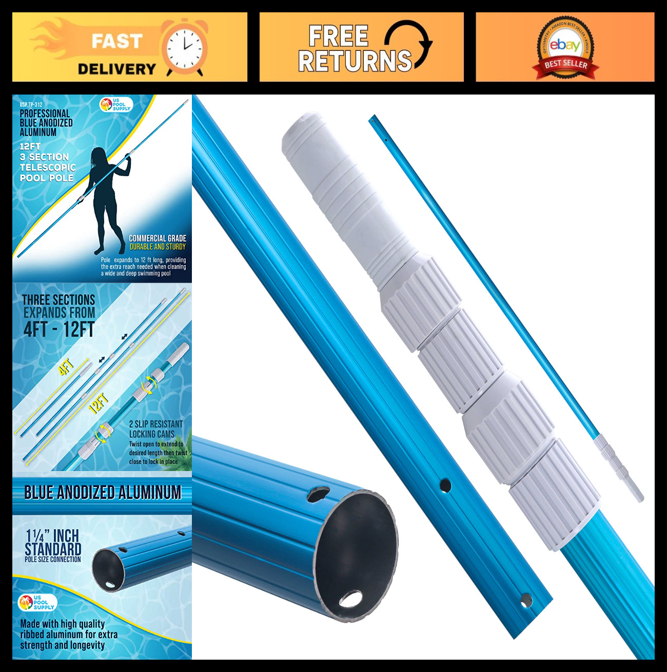12ft Telescopic Aluminum Pool Pole – Skimmer, Rake, Brush, Vacuum Handle, 3-Piec
