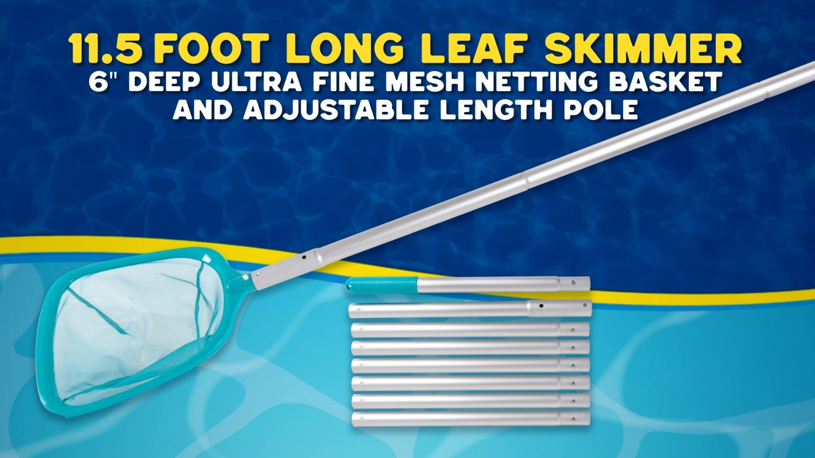 Pool Deep Skimmer Net with 3Ft – 10Ft 1.0Mm Thick Adjustable Aluminum Pole & Fin