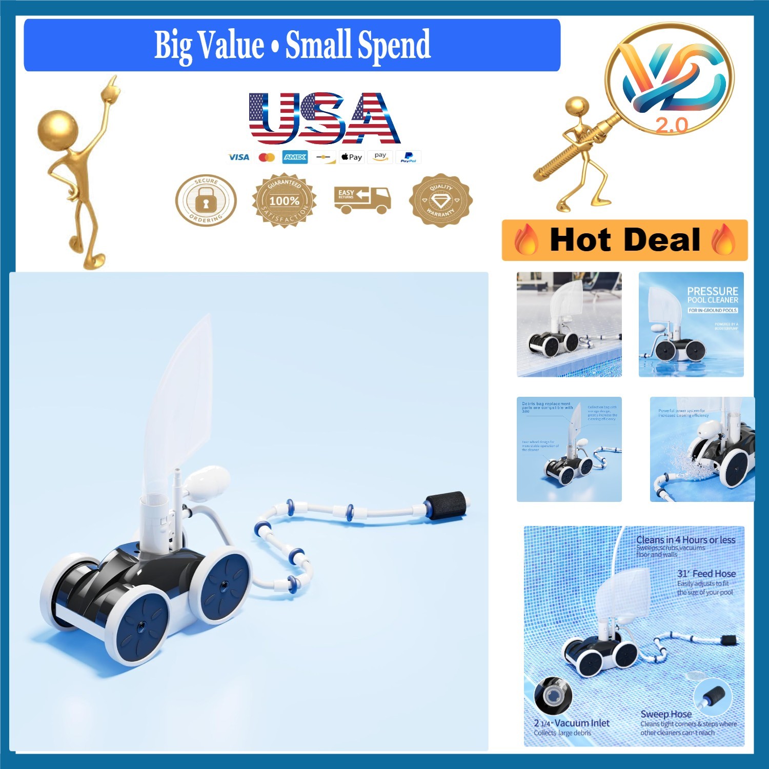 Upgrade Pool Pressure Side Sweeper Four Wheels Hydraulic Pool Cleaner Black &…