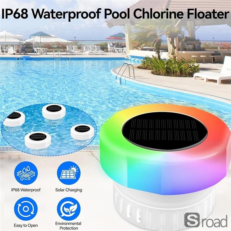 Solar Powered Pool Chlorine Floater With LED Lights Automatic Tablet Dispenser