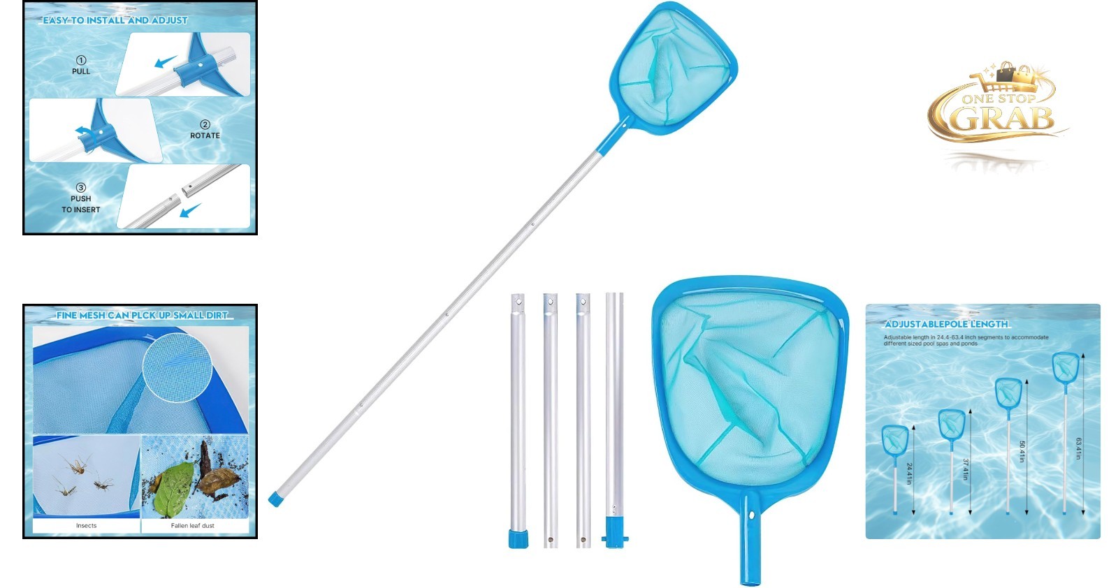 Adjustable Pool Skimmer with Fine Mesh, Aluminum Pole for Inground & Above-Gr…