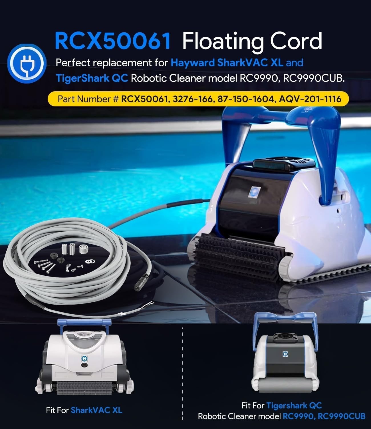 RCX50061 Floating Power Cord Assembly for Hayward Tigershark QC Robotic Cleaner