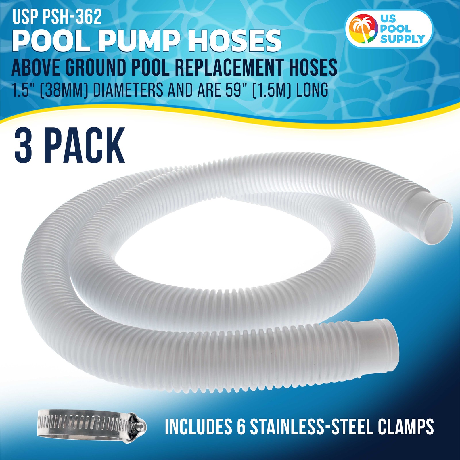 3 Pack of White Above Ground Pool Hose Replacement 1.5&Prime; Diameter x 59&Prime; Long