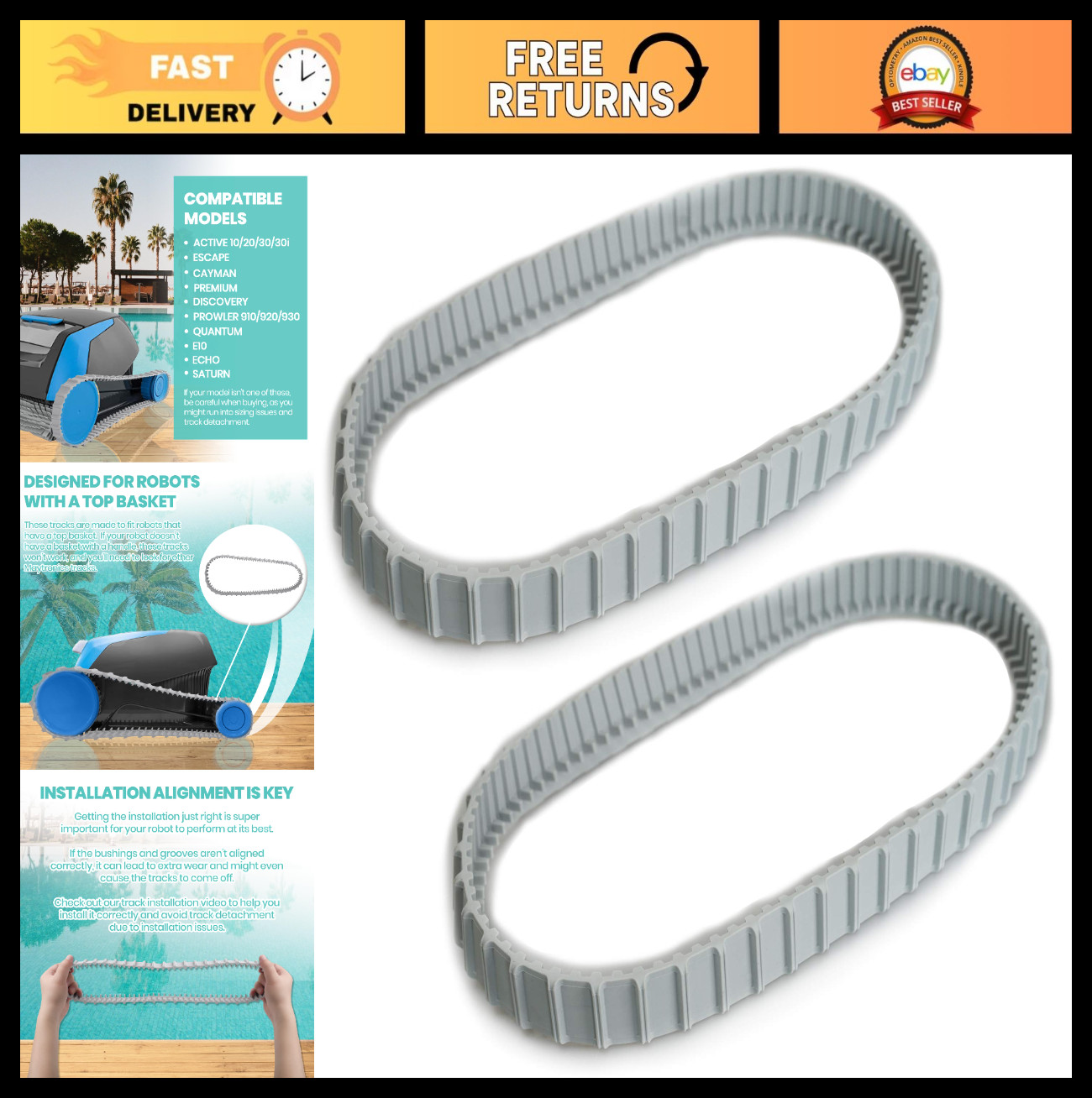 2 Pack Replacement Gray Tracks for Robotic Pool Cleaners – Compatible Parts 9983