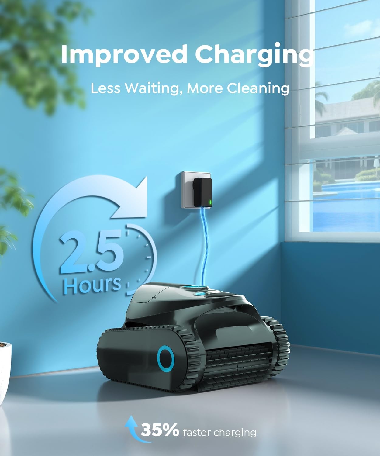 Cordless Robotic Pool Cleaner Wall Climbing Waterline Scrubbing Black