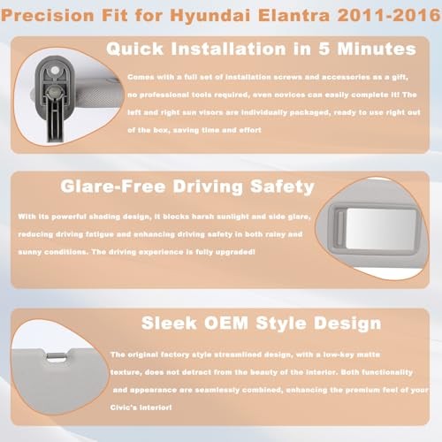 Pair Sun Visor Compatible with 2011-2016 Hyundai Elantra (Gray) Left + Right