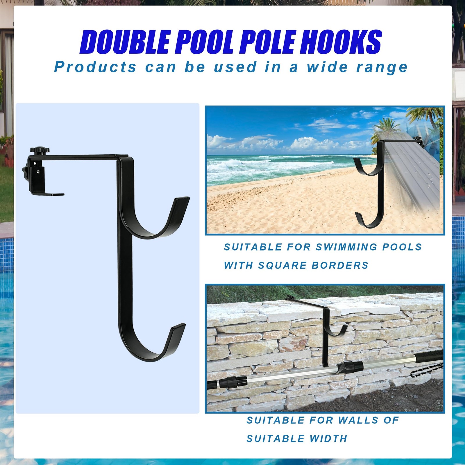 Metal Pool Pole Hangers for Above Ground Pool, Adjustable Double Hooks for Po…