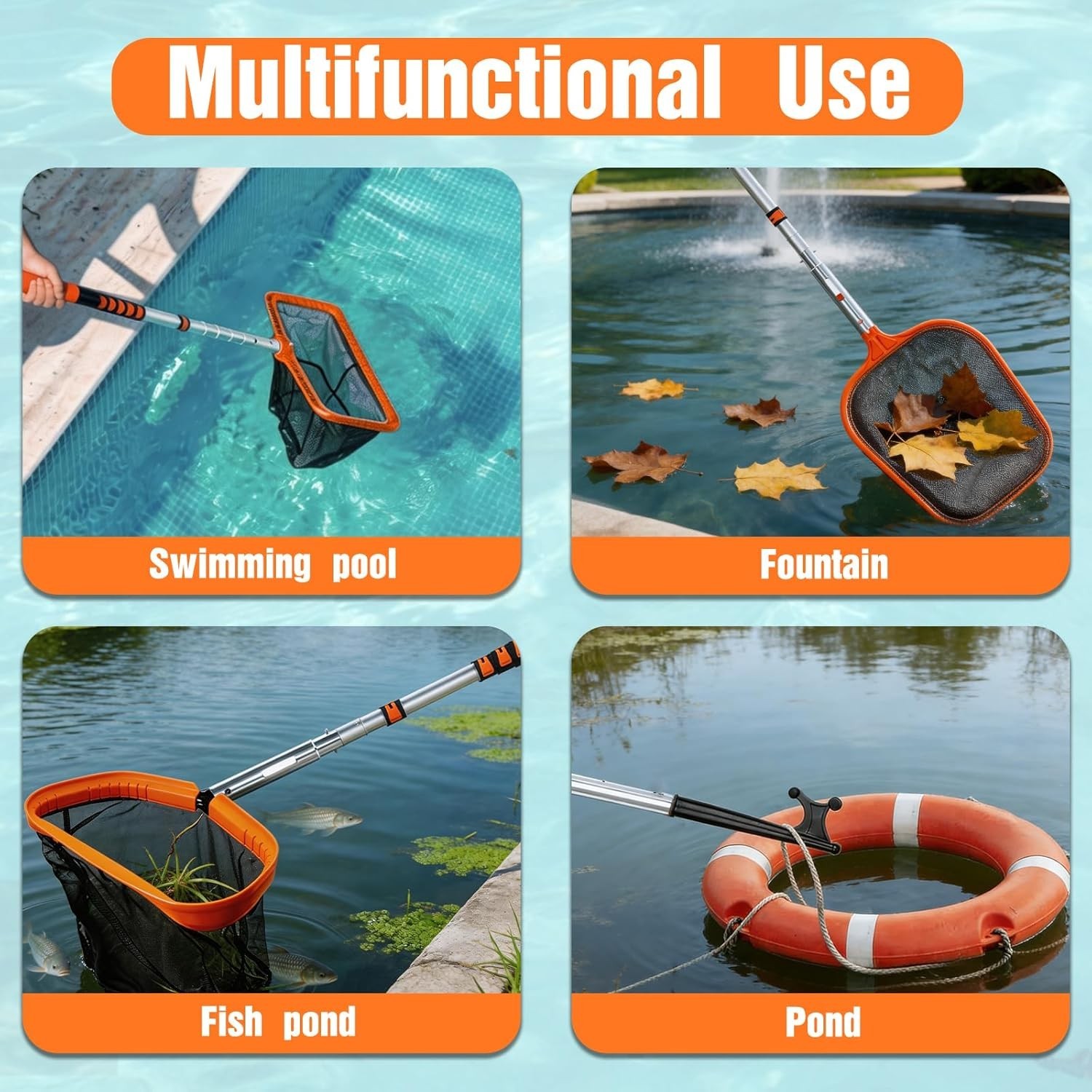 LAANPOLE 4-in-1 Pool Skimmer Net with 16FT Pole Heavy Duty