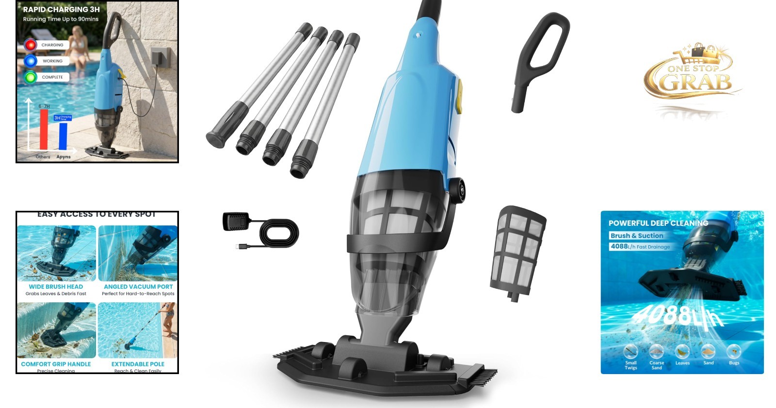 Battery Powered Cordless Pool Vacuum Handheld 15GPM 87&Prime; Debris Filter