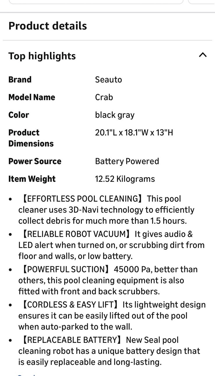 Seauto Crab Cordless Robotic Battery Powered Pool Cleaner Wall Climber