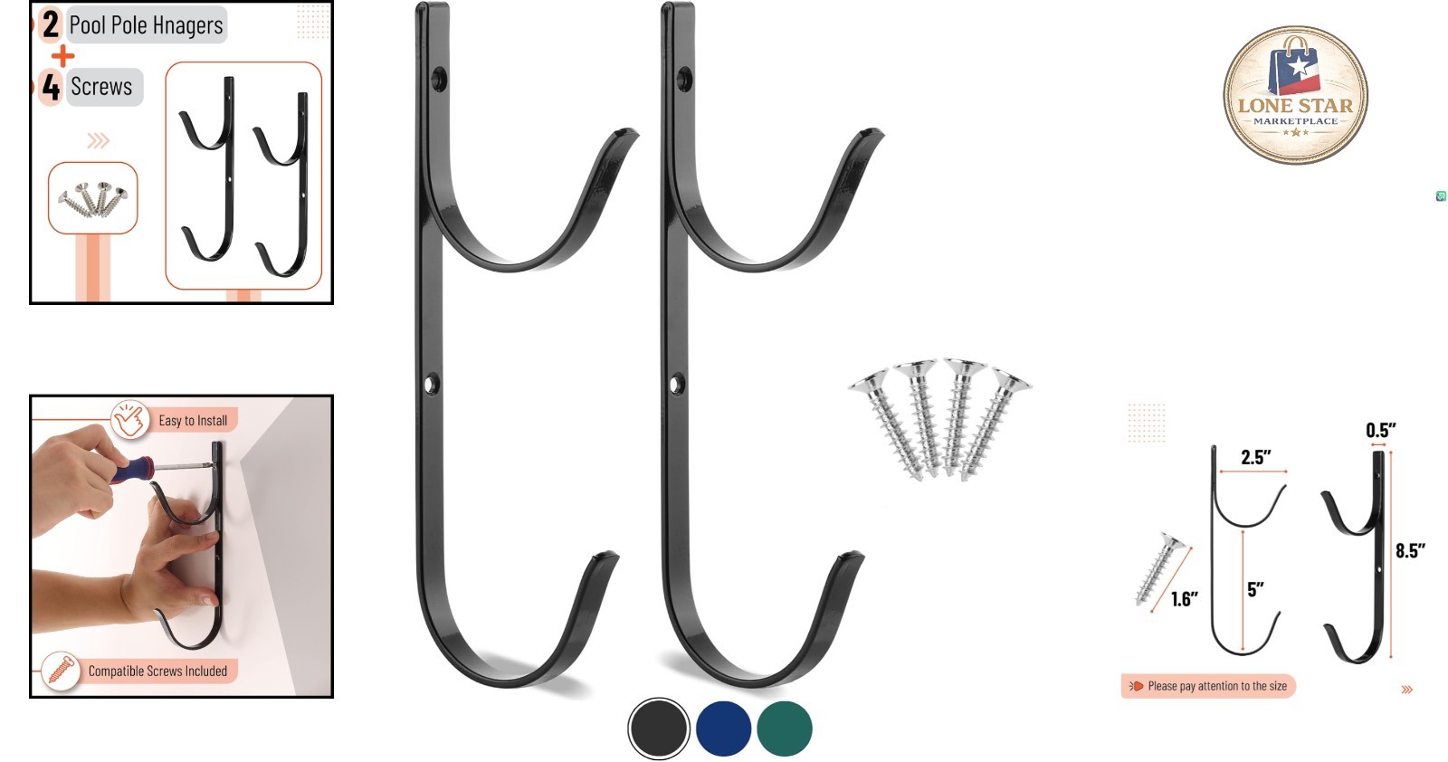 2 Pack Black Aluminum Pool Pole Hangers – Secure & Stylish Equipment Hooks