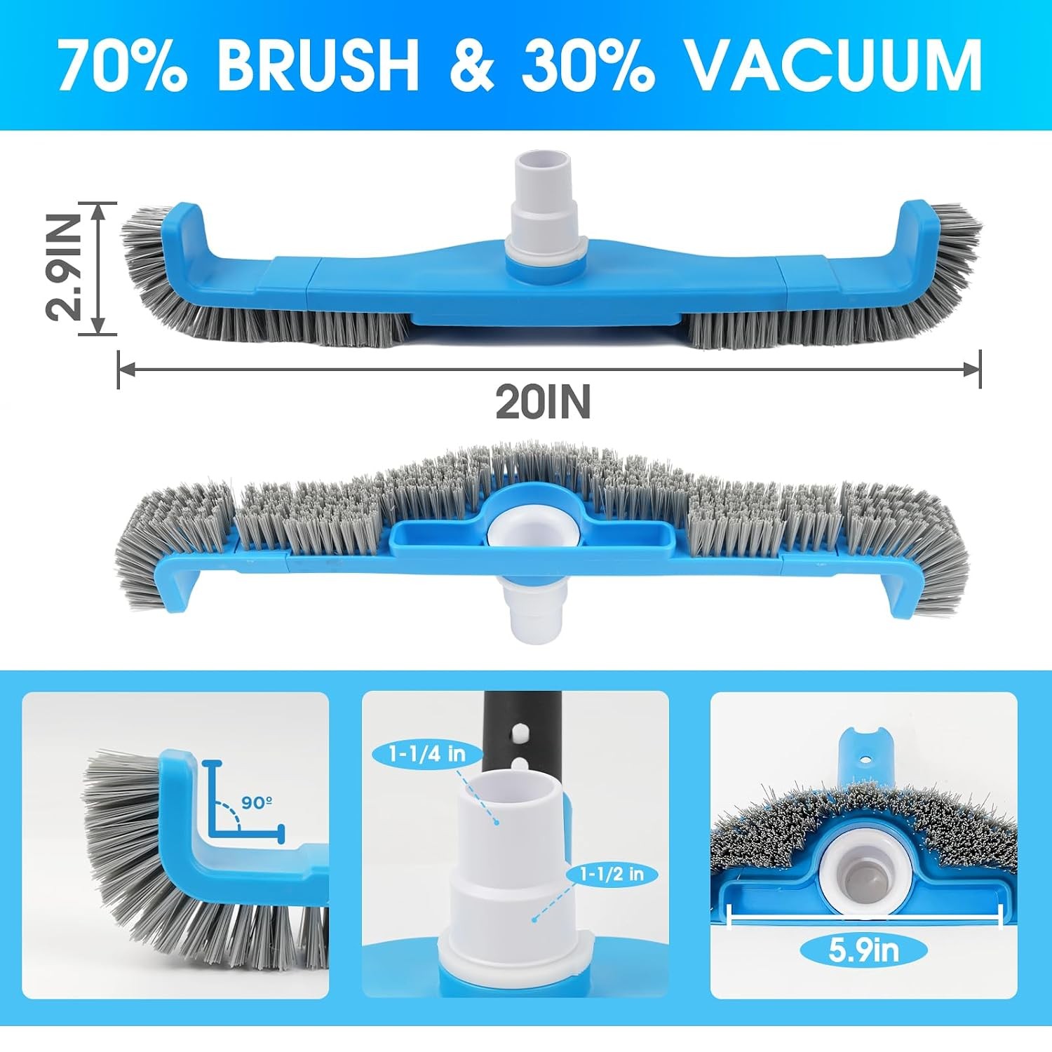 20&Prime; 2 in 1 Pool Brush Vacuum Head with Swivel Hose Connection & Sturdy
