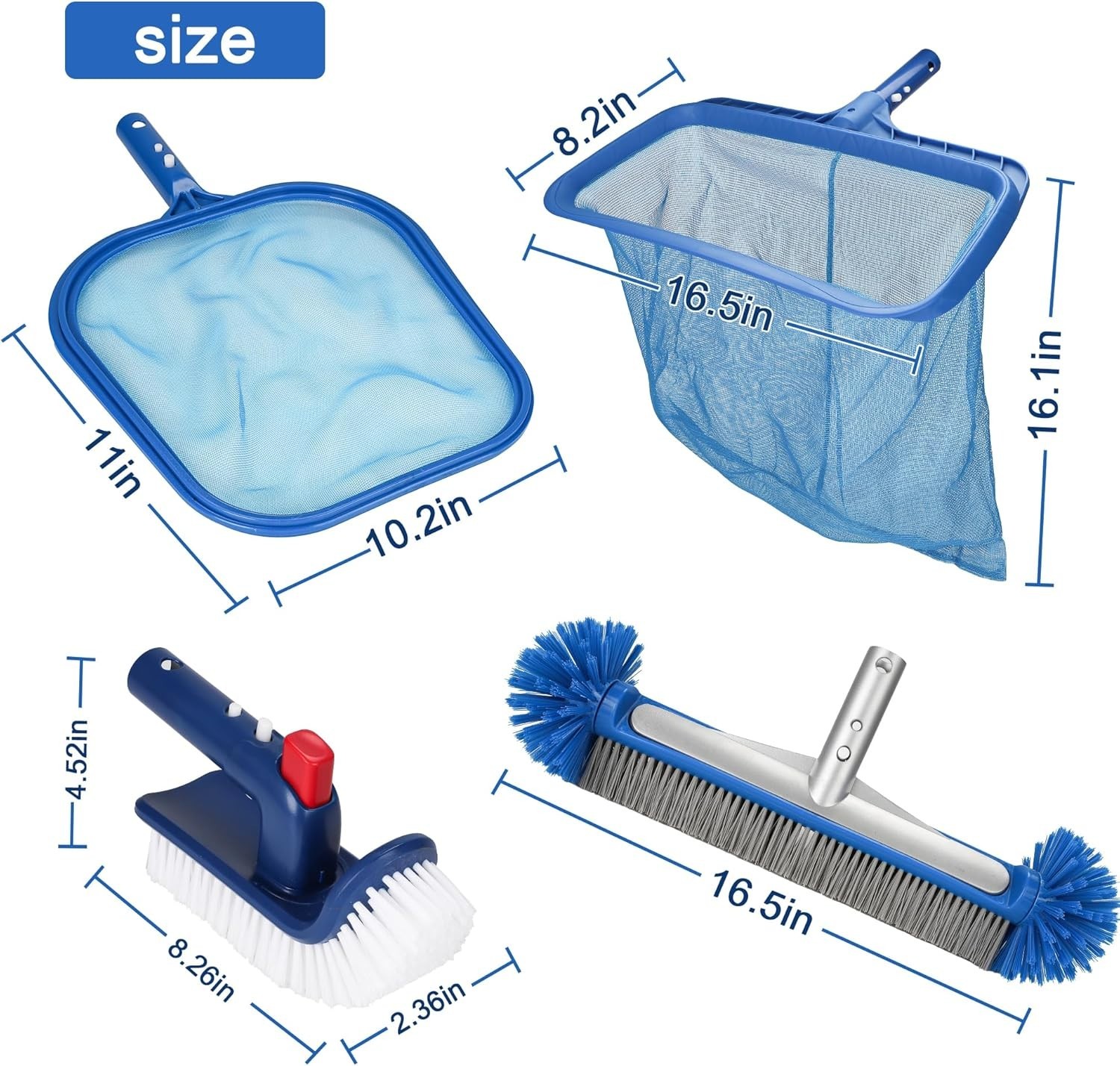 4-Piece Pool Cleaning Kit Heavy Duty Skimmer Net Brush Wall Scrubber Above Gr…