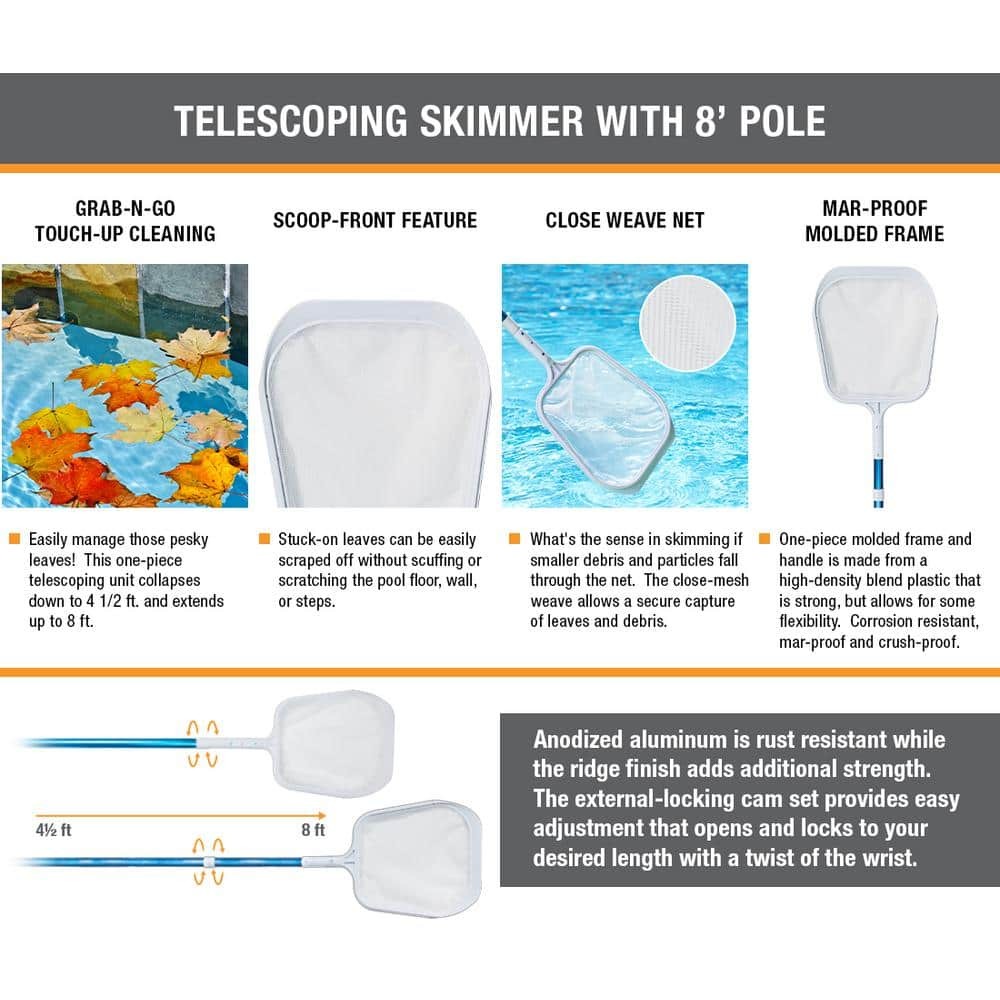 Swimming Pool and Spa Skimmer with 4ft. to 8ft. Telescoping Pole