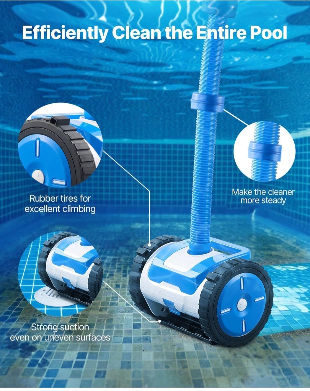 Strong Suction Wheeled Suction Pool Cleaner Vacuum w/ Rubber Tires Blue/White