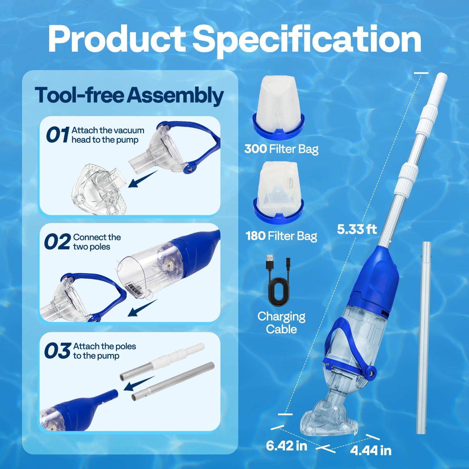 Cordless Handheld Pool Vacuum Cleaner – 13.2 GPM Suction, 60min Battery, Adjusta