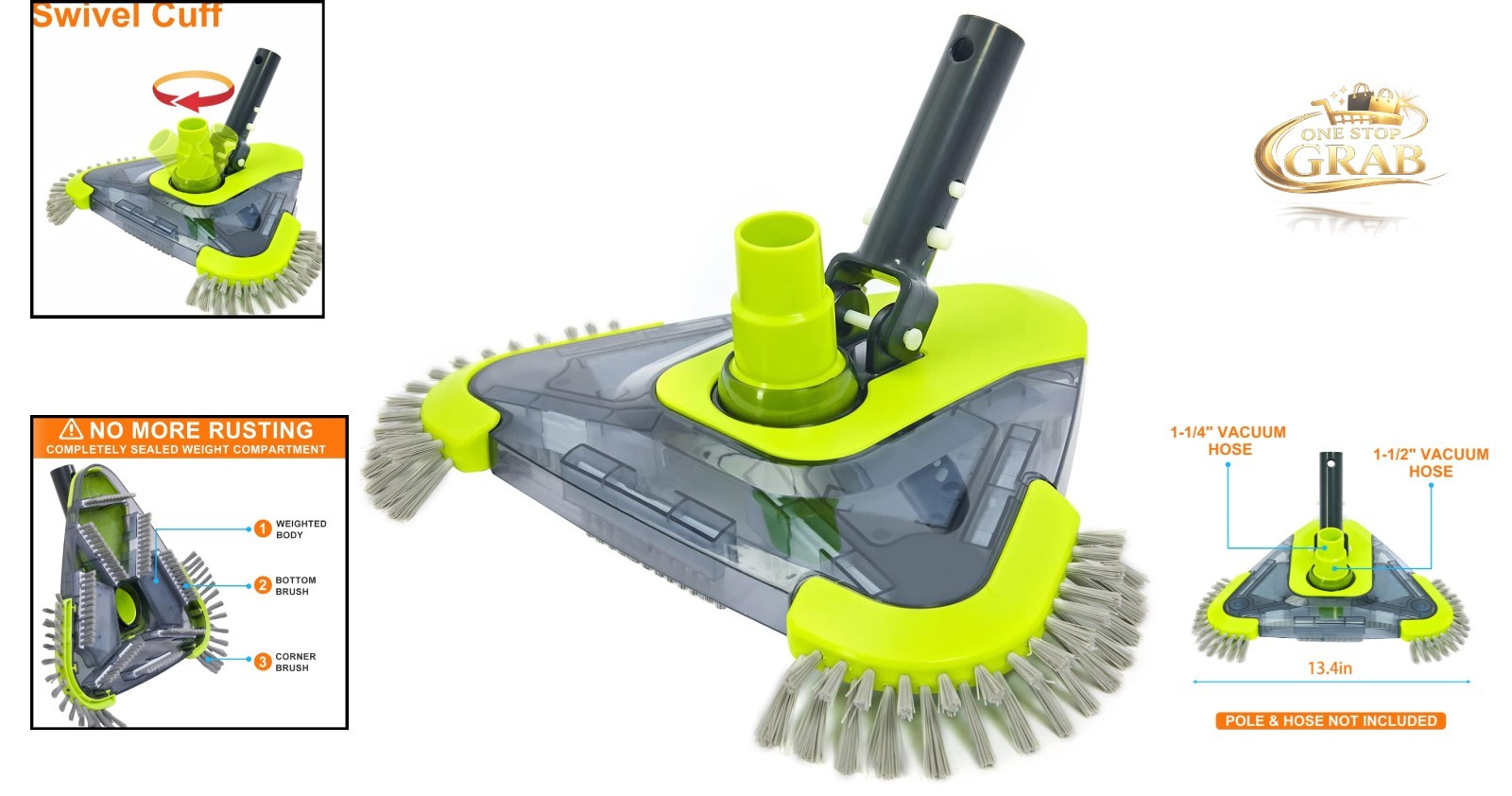 Pool Vacuum Head with Side Brush Rotatable Hose Adapter Weighted Triangular f…