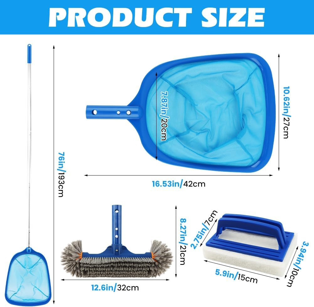Pool Cleaning Kit 59&Prime; Adjustable Pole Skimmer Net Brush Sponge Above Ground Spa