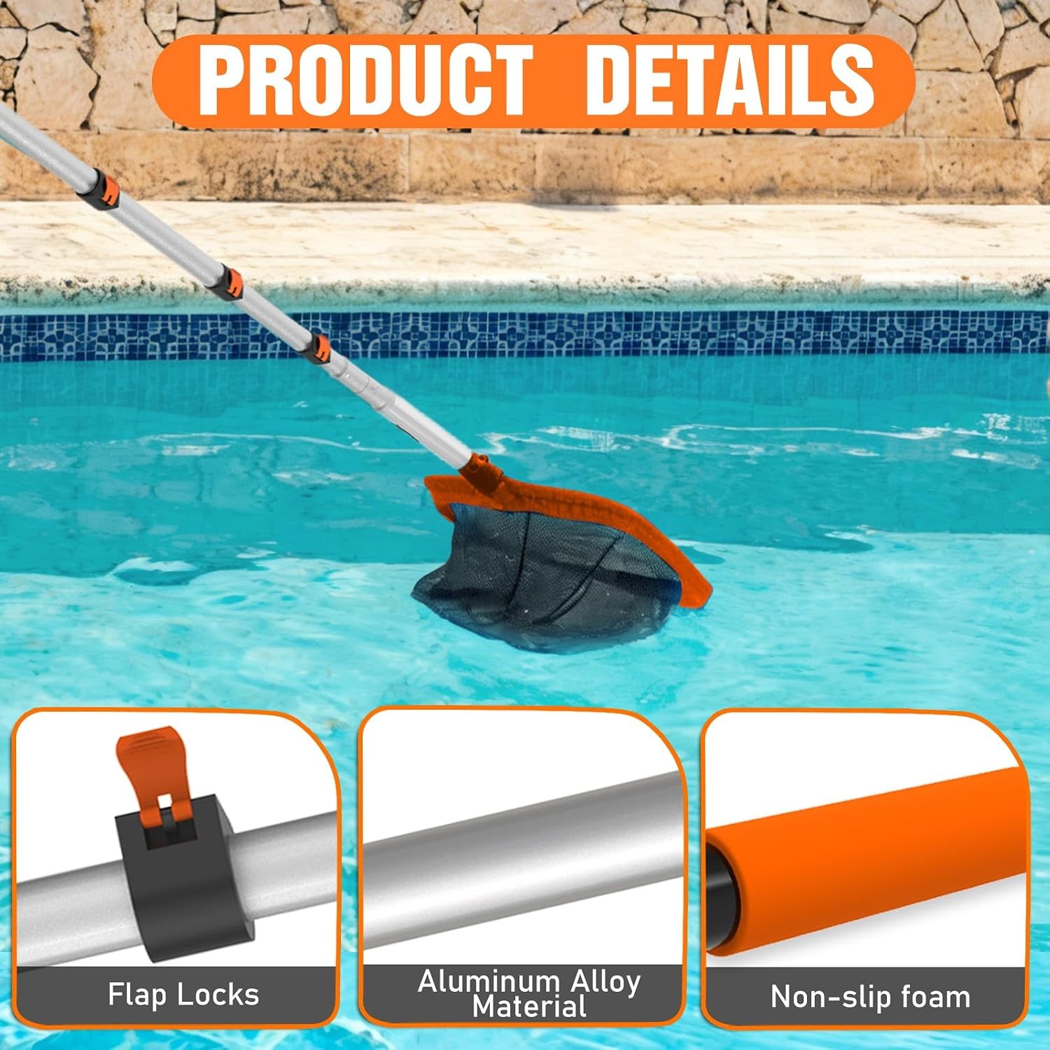 LAANPOLE 4-in-1 Pool Skimmer Net with Pole, Heavy Duty Pool Net and Fine Mesh