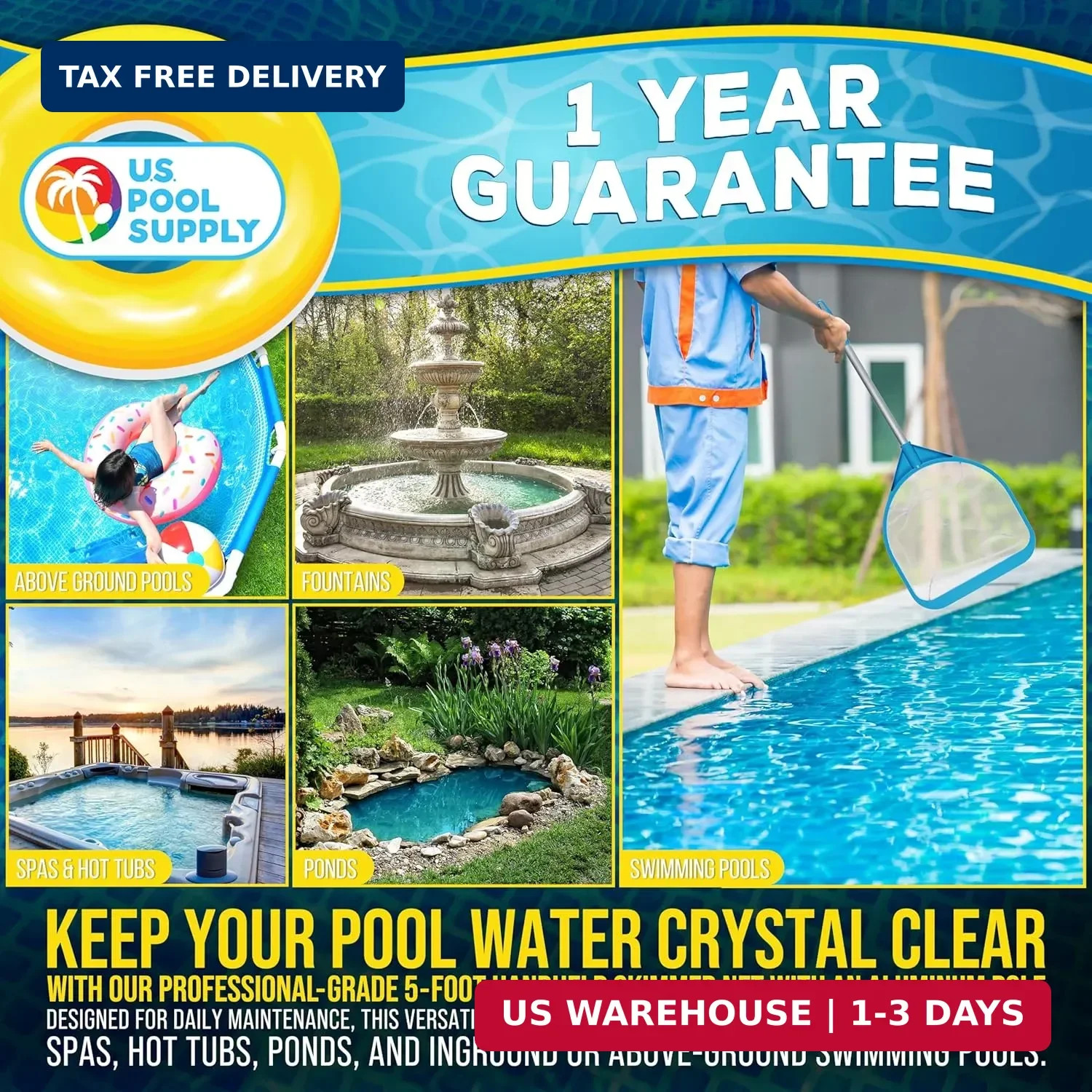 U.S. Pool Supply Pool and Spa Skimmer Net with Pole, 30&Prime; Long Handheld Fine Mesh