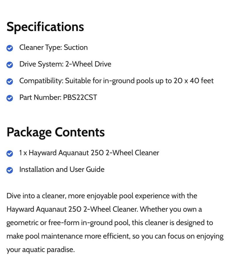 Hayward AQUANAUT 250 IN-GROUND SUCTION SIDE POOL CLEANER PBS22CST