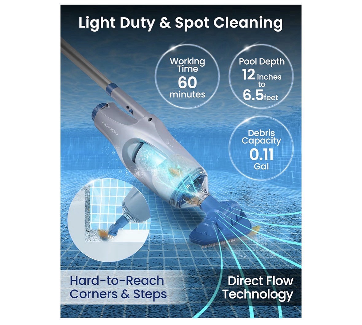 KOKIDO (2025) Rechargeable Handheld Pool Vacuum, Aluminum Pole and 2 Brush