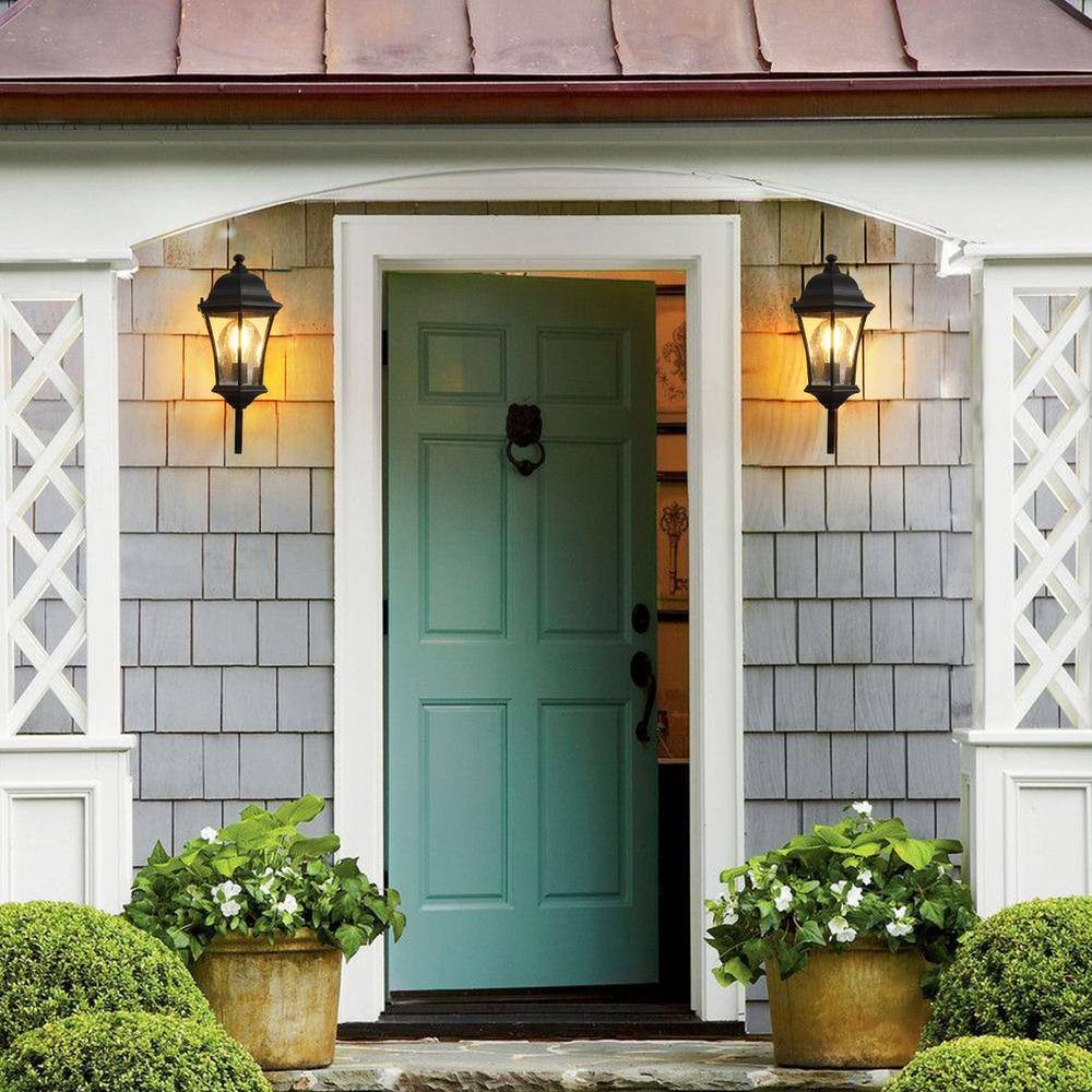 11 In. Black Motion Sensing Dusk to Dawn Outdoor Hardwired Wall Lantern Scone wi