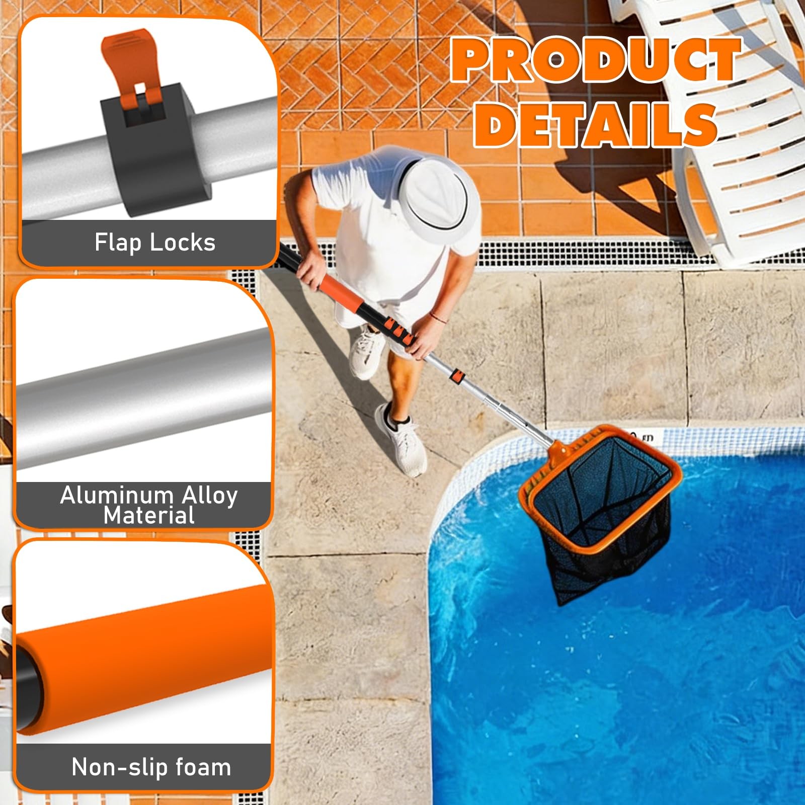 16ft Telescopic Pool Pole, Heavy Duty Adjustable Cleaning Tool for Skimmers &