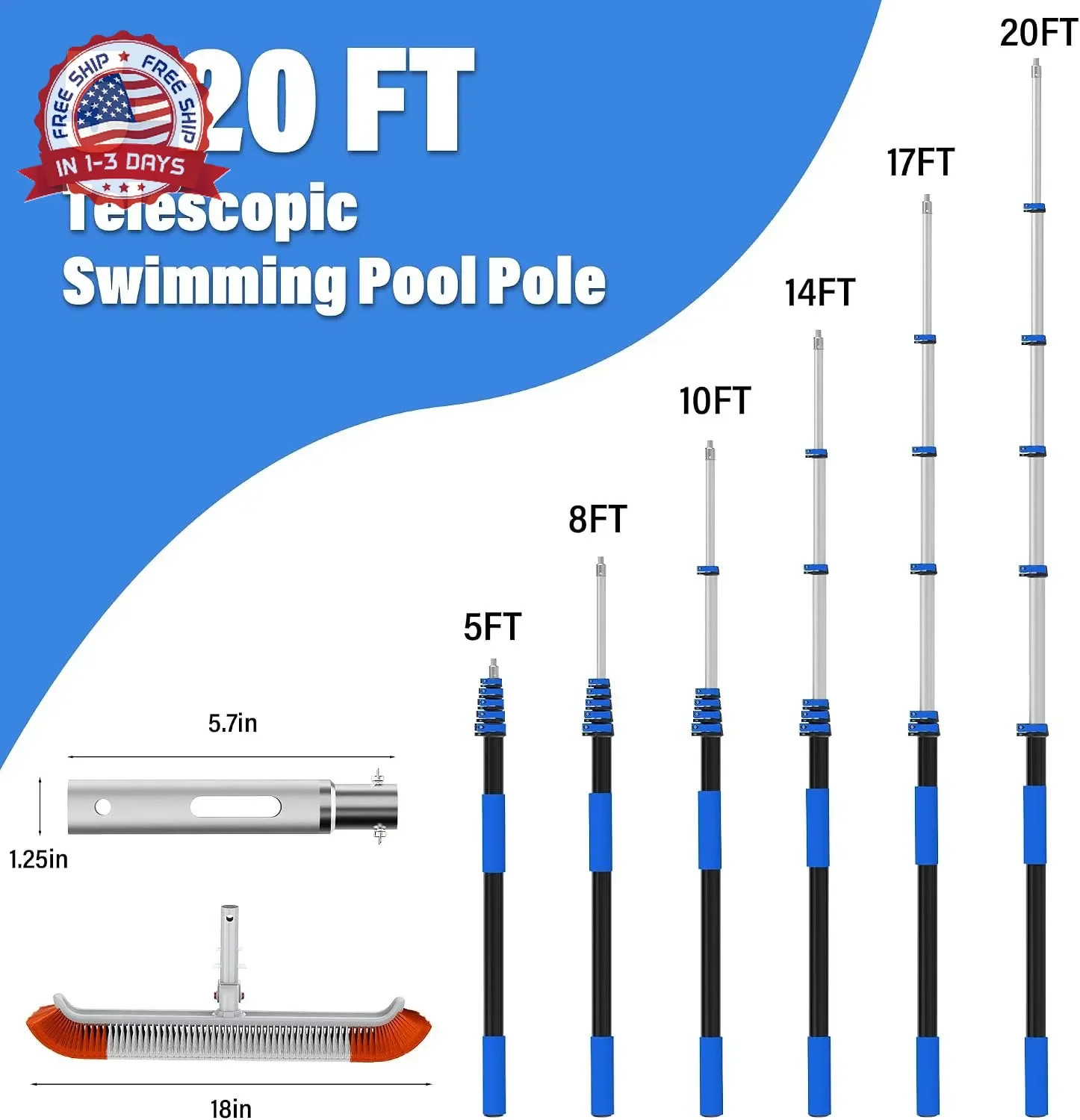 Pool Brush with 5-20FT Telescopic Pole, 18&Prime; Swimming Pool Cleaning Brush, Flip &